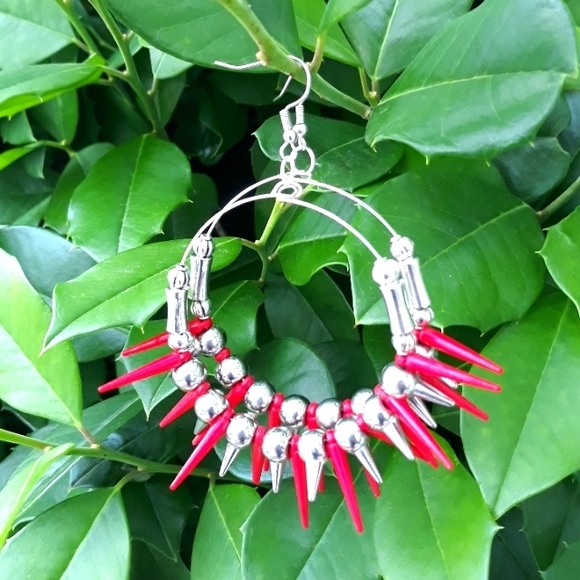Spiked Statement Earrings/ Silver/ Red/ Hoop Earrings/ Stylish/ Handcrafted - Picture 5 of 9